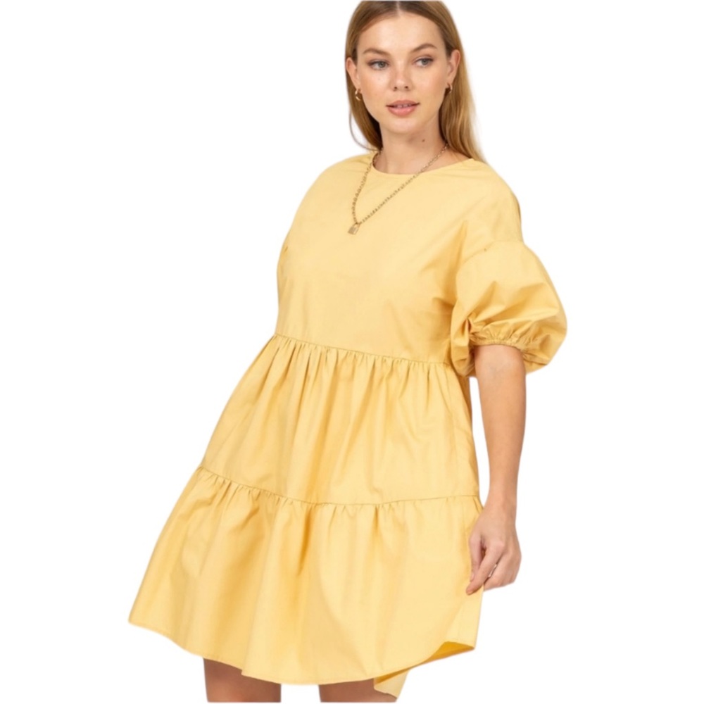 HYFVE Womens Large Puff Sleeve Tiered Peplum Mini Dress 100% Cotton Mustard Gold